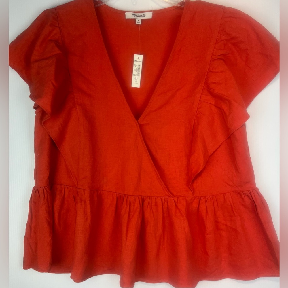 Madewell NWT Size MED Orange Loose Fit Orange Linen Ruffle Bottom Flutter Sleeve